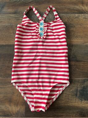 Mini Boden Red & White Striped Swimsuit w/Blue Buttons & ruffles sz 3-4Y